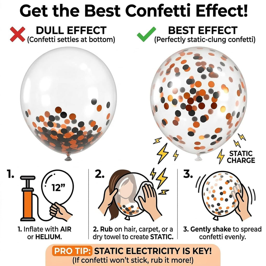 Infographic showing how to achieve the best confetti effect in balloons by creating static charge.
