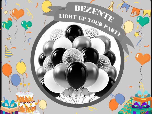Cluster of black, white, silver, and confetti balloons with party decorations and cake