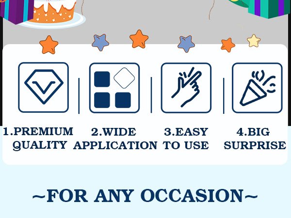 Party balloons with icons and text highlighting features like premium quality, wide application, easy to use, and big surprise.