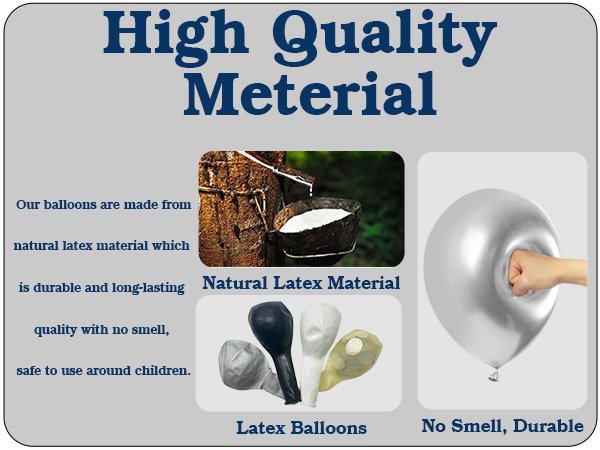 Collage of balloons and latex material: text highlights quality, durability, and safety.