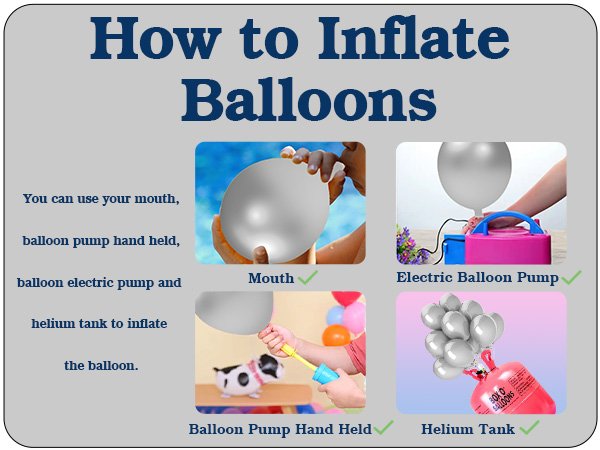 Infographic showing four methods to inflate balloons: mouth, electric pump, hand pump, and helium tank.