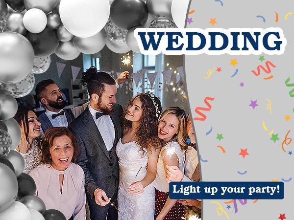 Wedding party with balloons and confetti, bride and groom smiling with sparklers