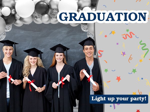Four graduates in caps and gowns holding diplomas, with a balloon arch and confetti overlay.