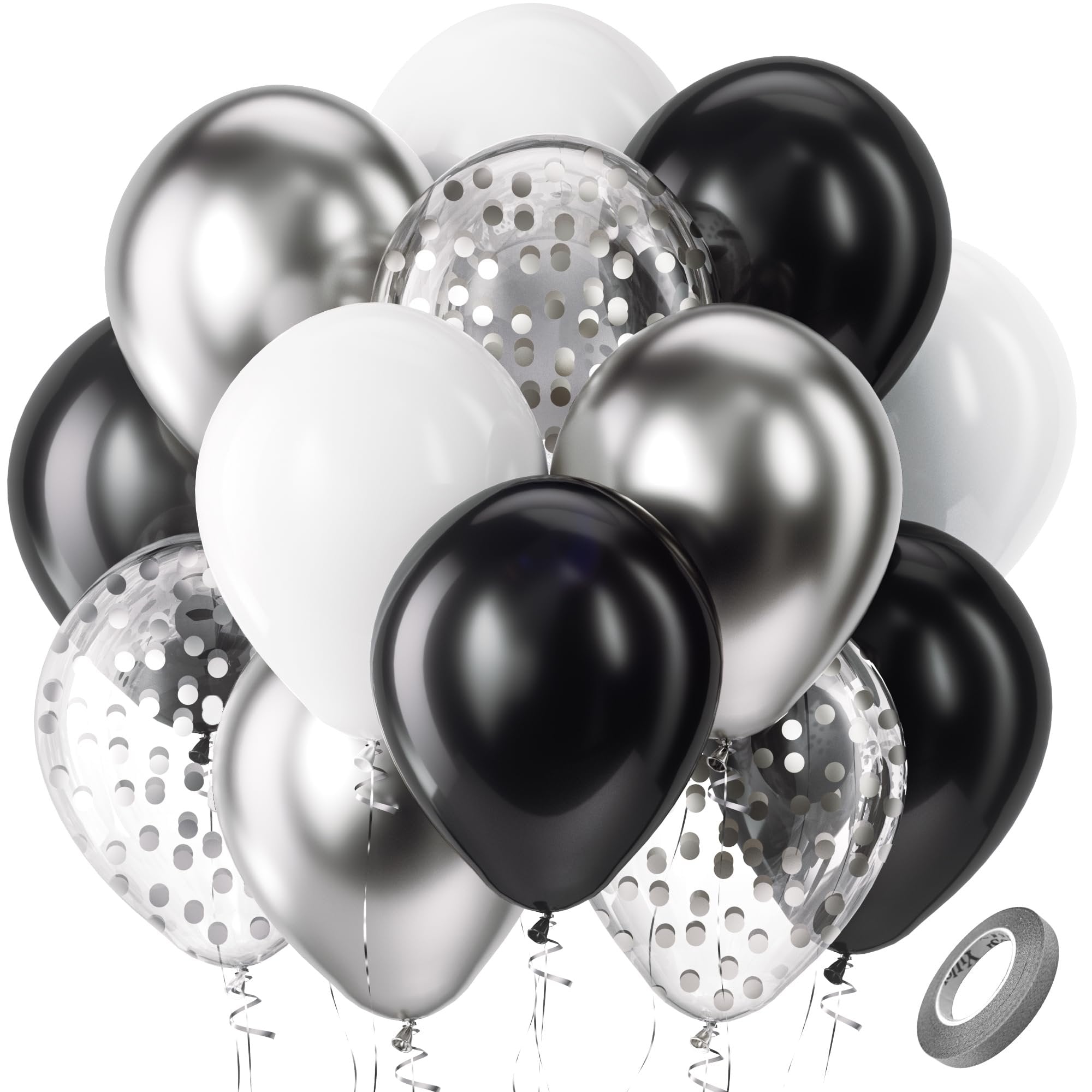 Cluster of black, white, and metallic silver balloons with confetti-filled clear balloons and a roll of tape.