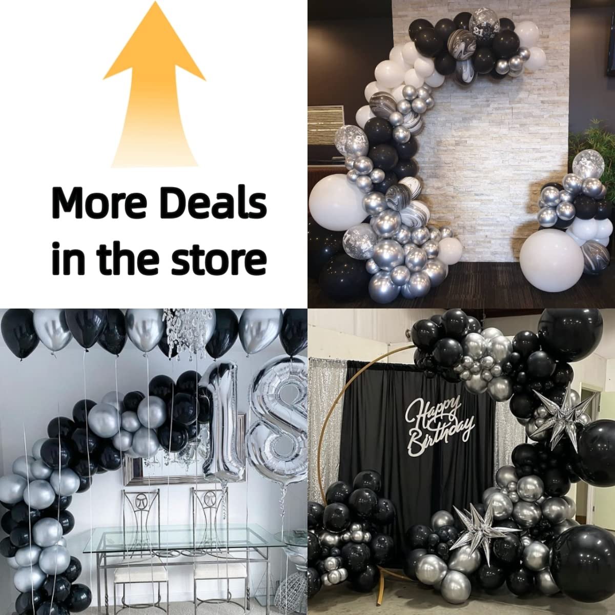 Collage of balloon arrangements in black, white, and silver for parties, including arches and a 'Happy Birthday' display.