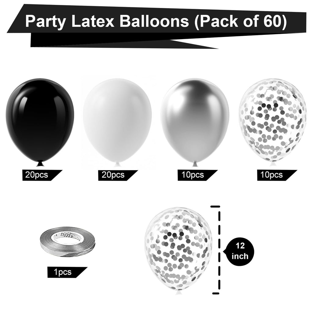 Black, white, silver latex balloons and confetti balloons with ribbon, 12 inch size indicated.