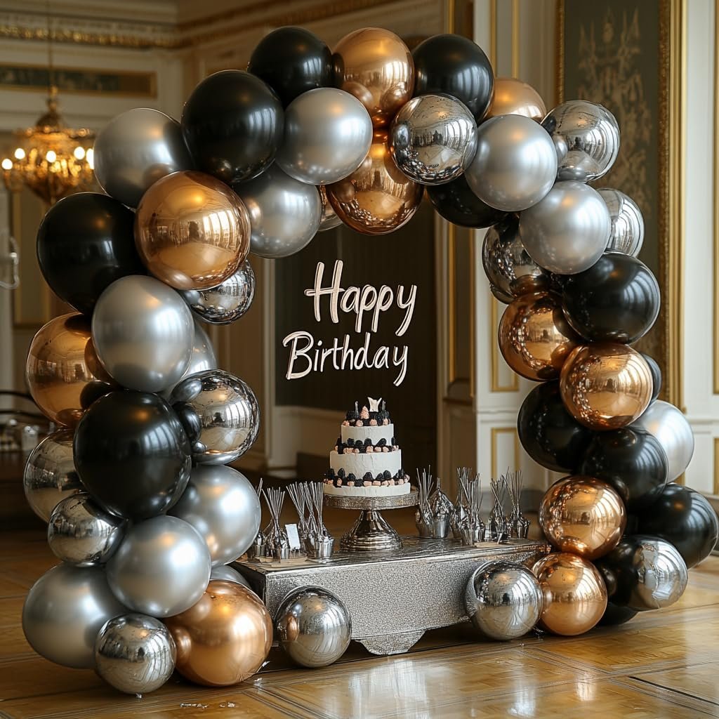 Balloon arch in black, silver, and gold with a tiered cake and 'Happy Birthday' text overlay