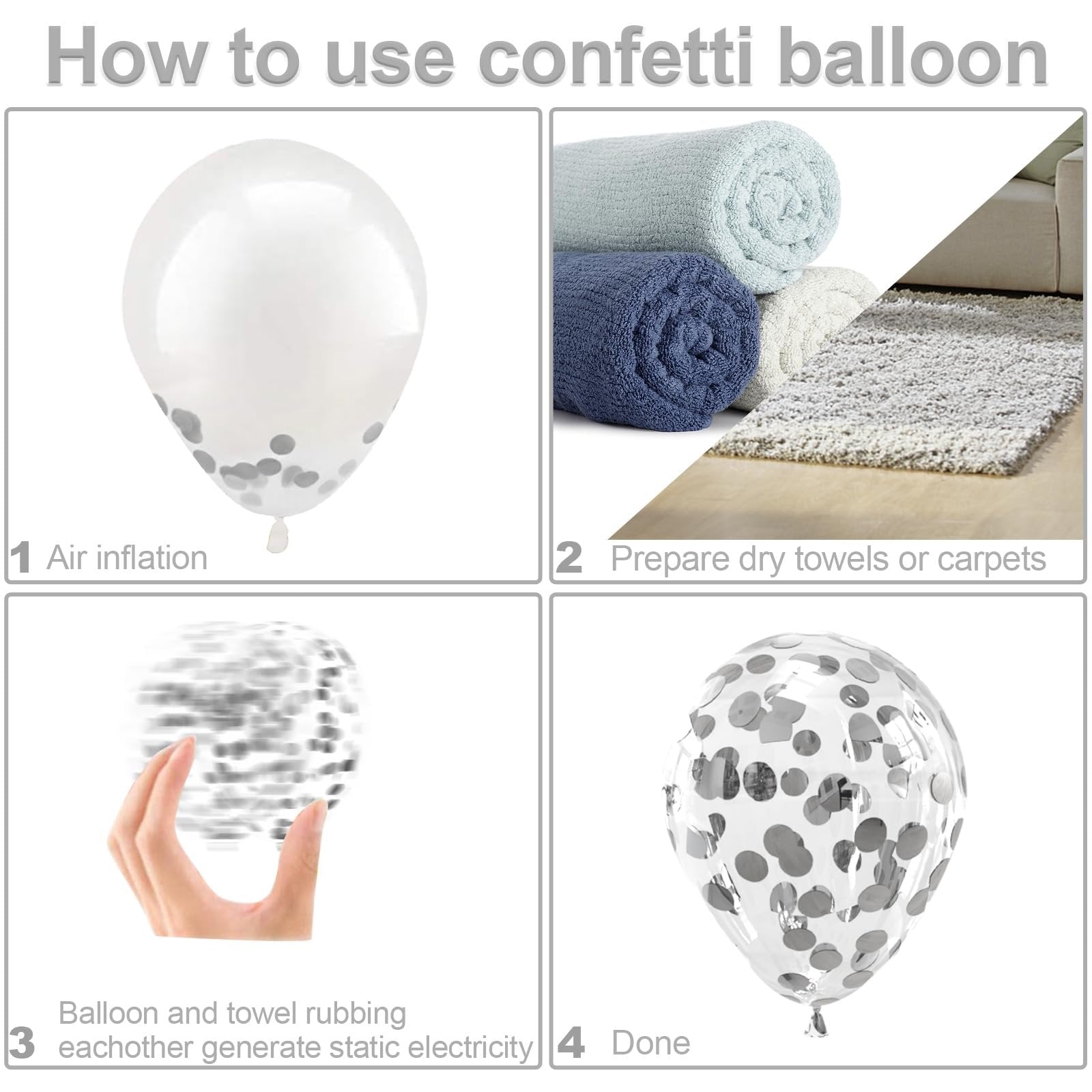 Collage showing how to use confetti balloons: air inflation, preparing towels, rubbing balloon, and finished product.