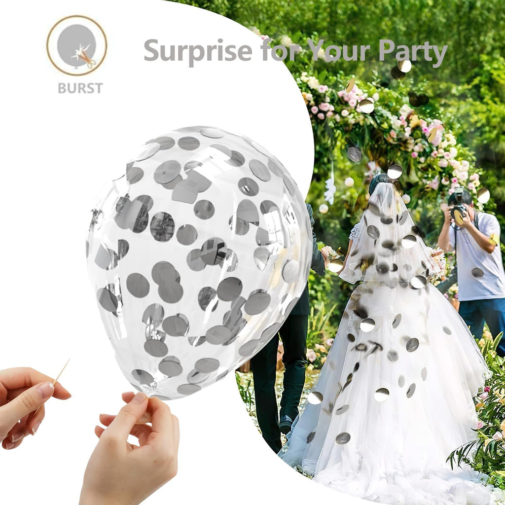 Clear confetti balloon with silver circles, next to a wedding scene with a bride and groom.