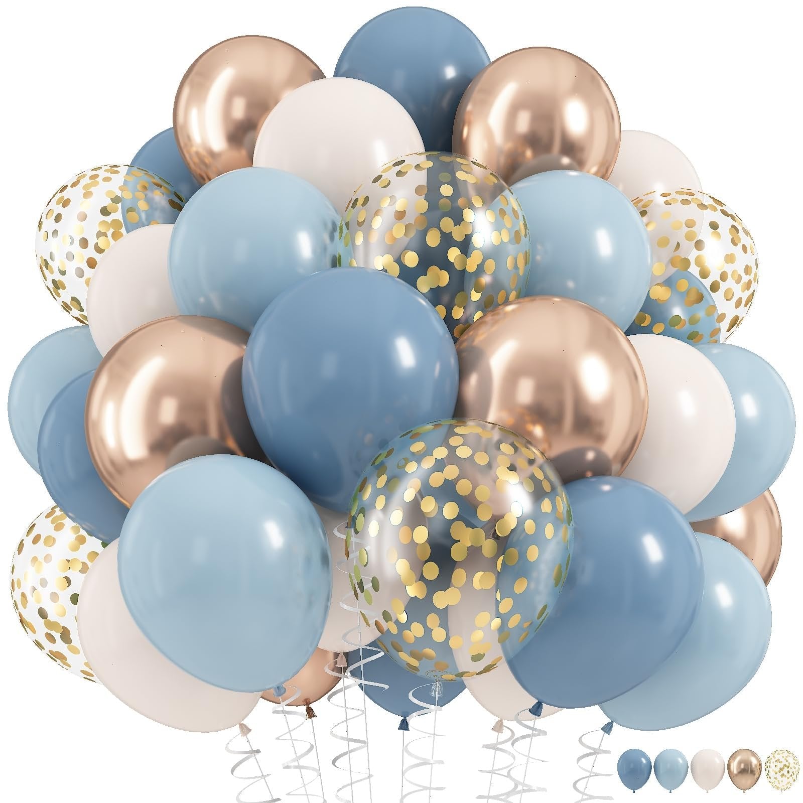 A pile of dusty blue, white, champagne gold, and confetti balloons with white ribbons.