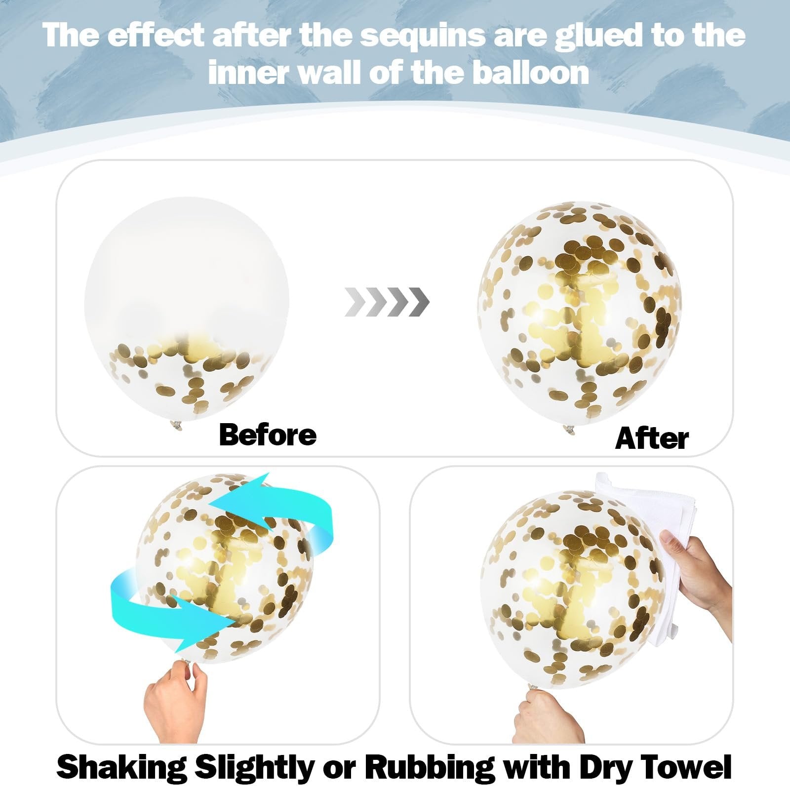 Confetti balloon before and after static charge application, showing how to adhere confetti to the inner wall.