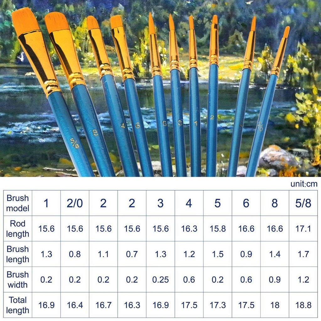 Set of ten blue paint brushes with gold ferrules and orange bristles, displayed against a painted landscape background, with a size chart below.