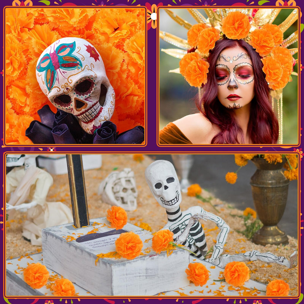 Day of the Dead altar setup with decorated skull, skeleton figure, and marigold flowers.