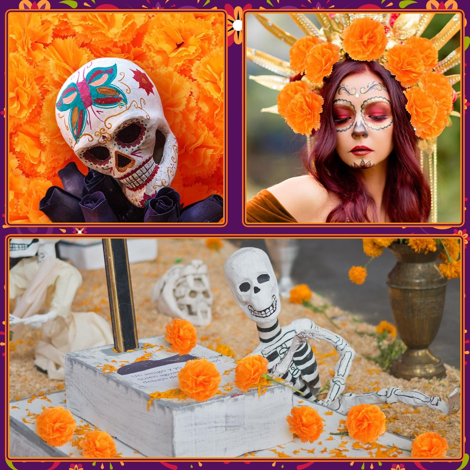 Day of the Dead altar setup with decorated skull, skeleton figure, and marigold flowers.