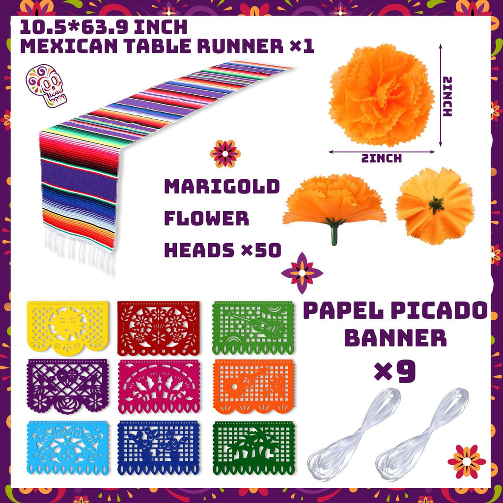 Day of the Dead decoration set including a colorful table runner, orange marigold flowers, papel picado banners, and white string.
