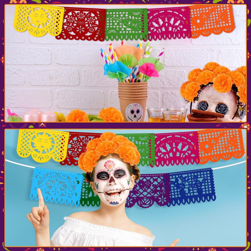 Day of the Dead papel picado banners and a girl with skull face paint and marigold headdress