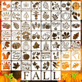 Collage of 60 fall-themed stencils featuring pumpkins, leaves, gnomes, scarecrows, and seasonal text.