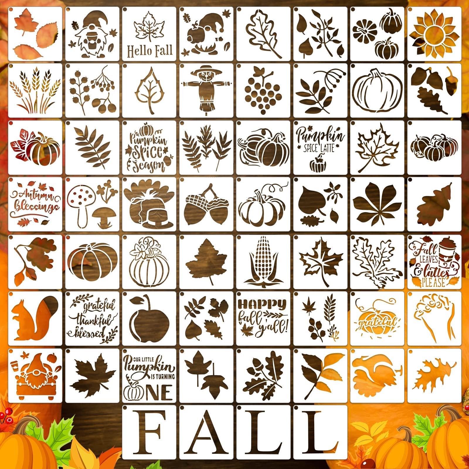 Collage of 60 fall-themed stencils featuring pumpkins, leaves, gnomes, scarecrows, and seasonal text.