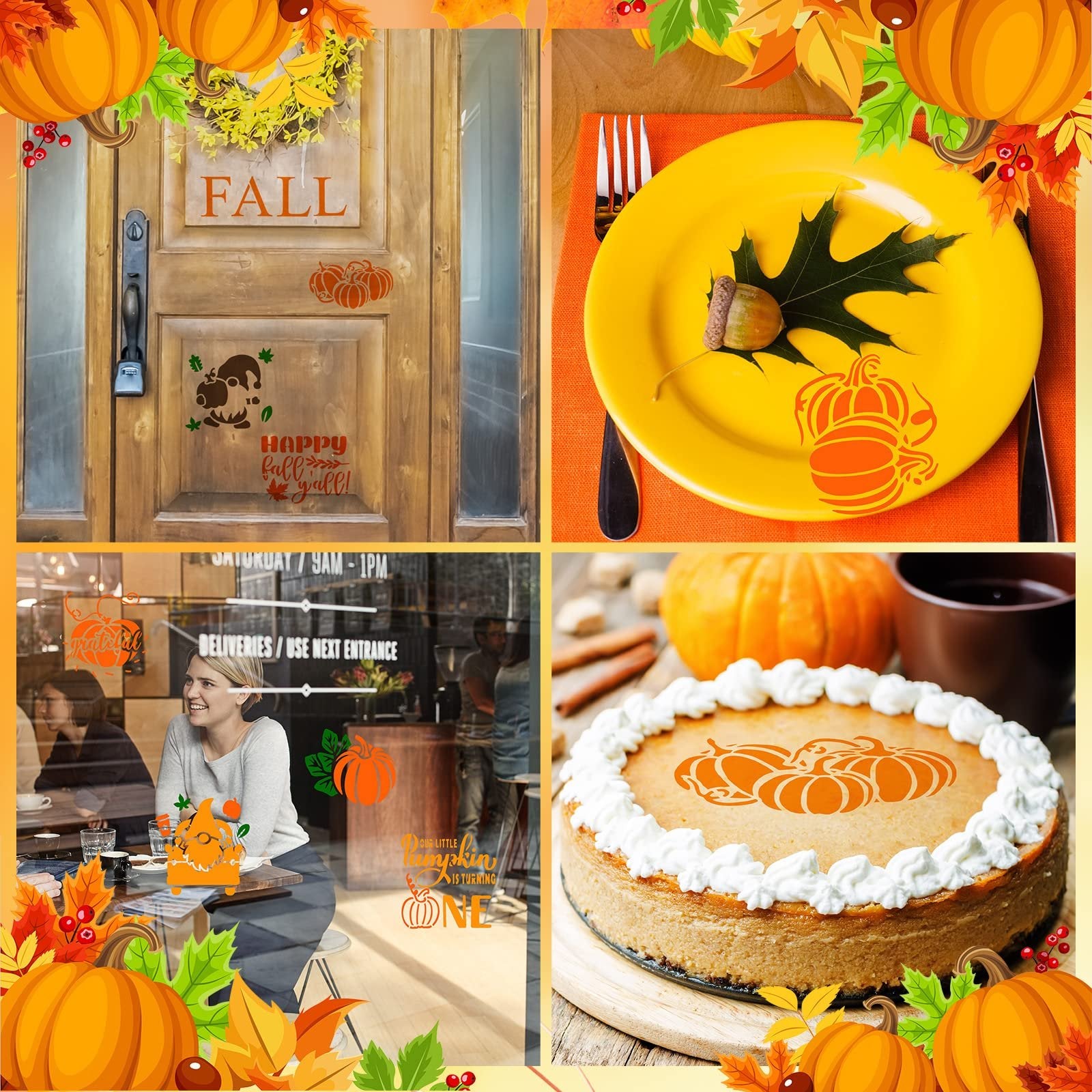 Collage of fall-themed stencils applied to various surfaces: a wooden door, a yellow plate, a cafe window, and a pumpkin pie.