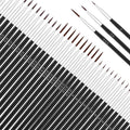 Set of fine tip paint brushes with black handles and silver ferrules, arranged diagonally on a white background.