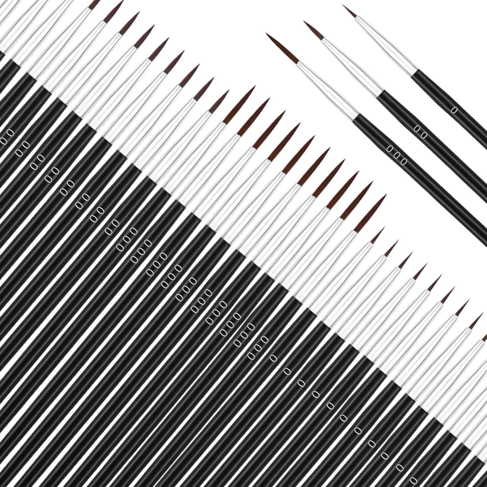 Set of fine tip paint brushes with black handles and silver ferrules, arranged diagonally on a white background.