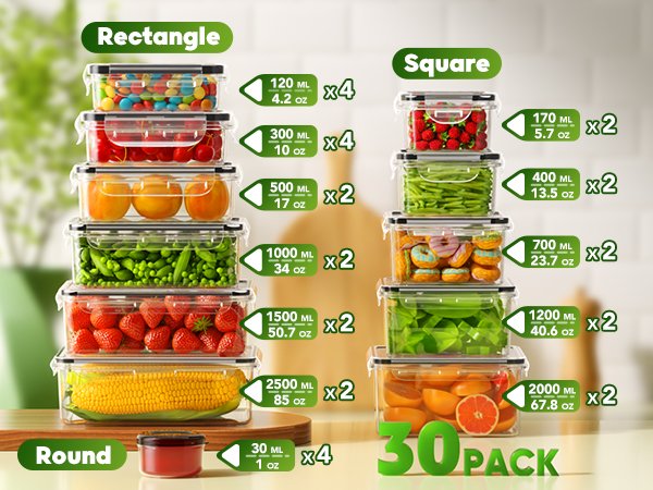 Stack of clear food storage containers filled with various foods, labeled by shape and volume.
