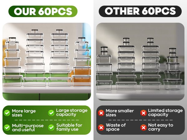 Comparison of two sets of clear plastic food storage containers with lids, stacked on shelves.