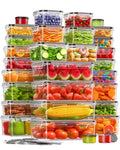 Stack of clear food storage containers filled with various fruits, vegetables, and snacks, on a white background.