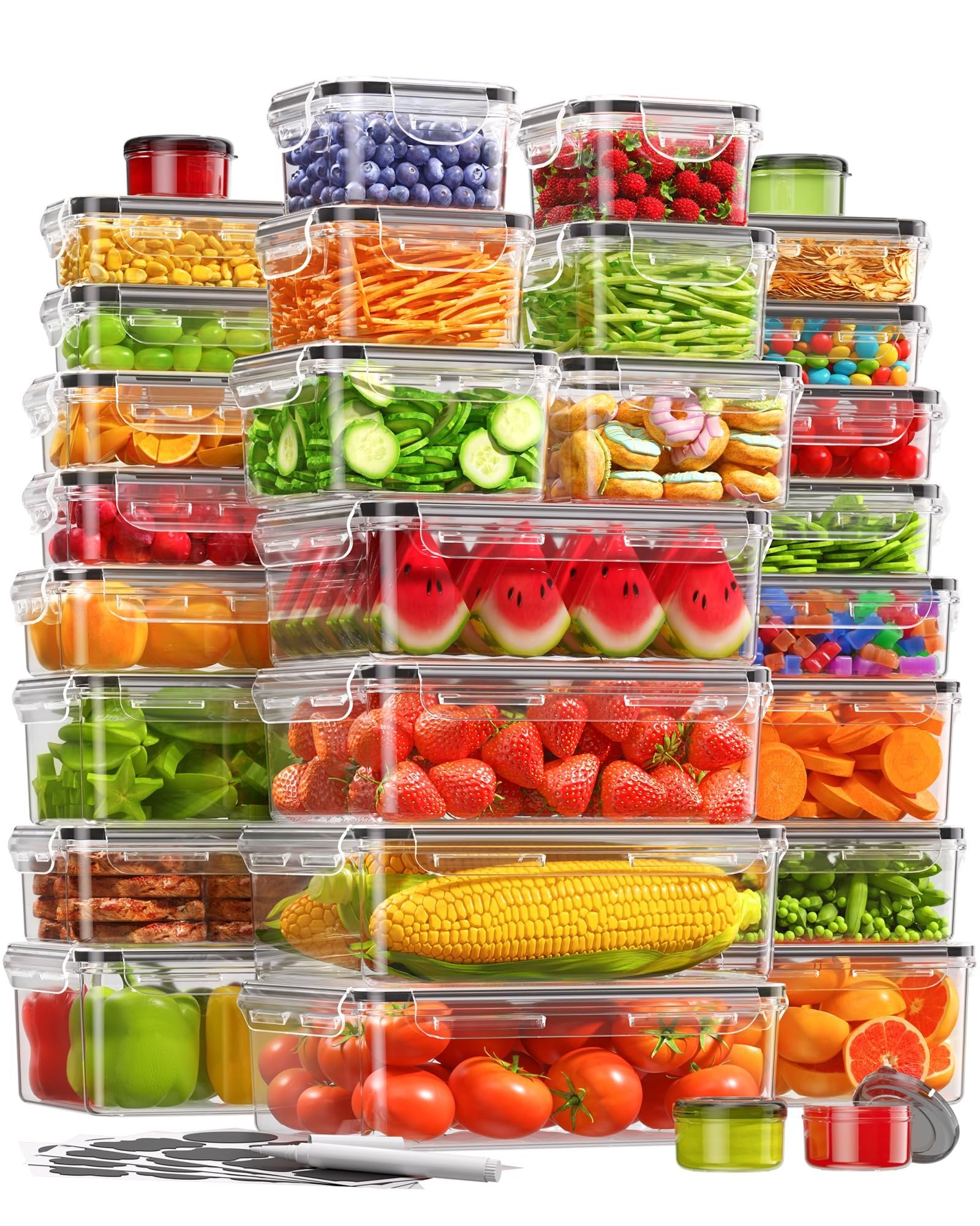 Stack of clear food storage containers filled with various fruits, vegetables, and snacks, on a white background.