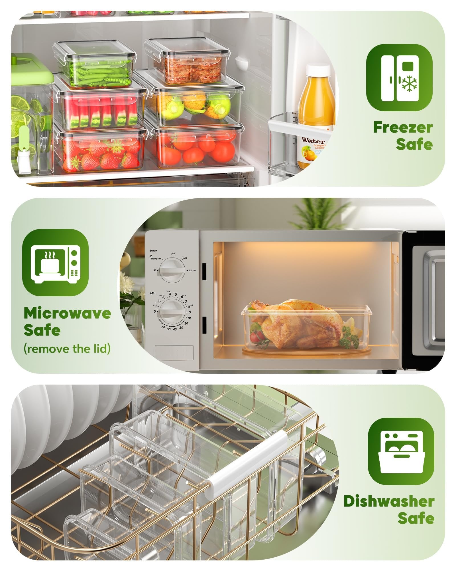 Collage showing food storage containers in a refrigerator, a chicken in a container in a microwave, and containers in a dishwasher.