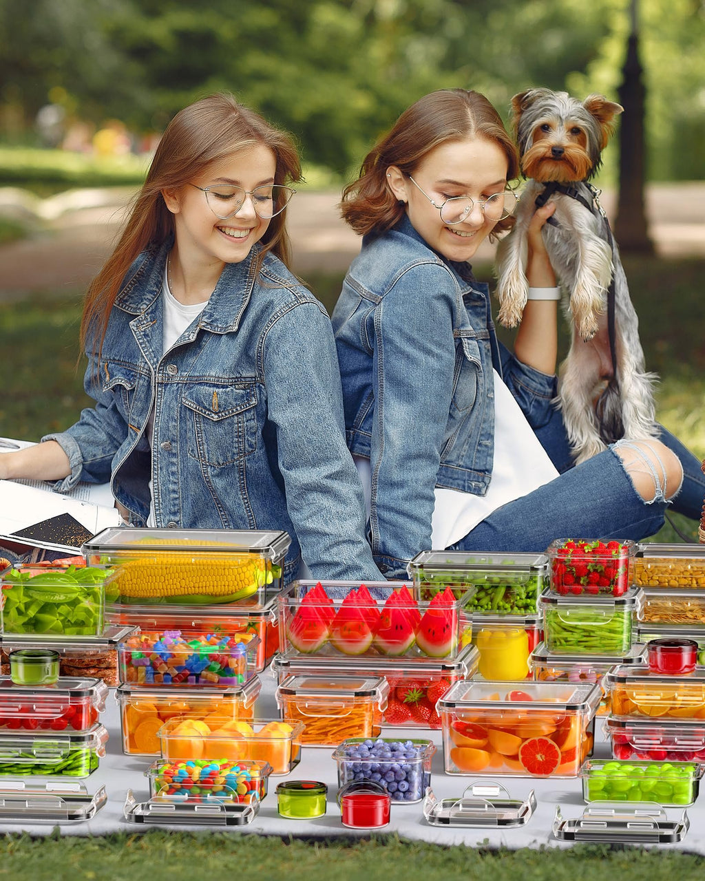 Two young women and a dog sitting on a blanket with a large assortment of food storage containers filled with fruits and vegetables.