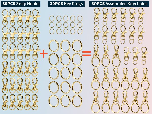 Gold swivel snap hooks and key rings shown separately and assembled into keychains.