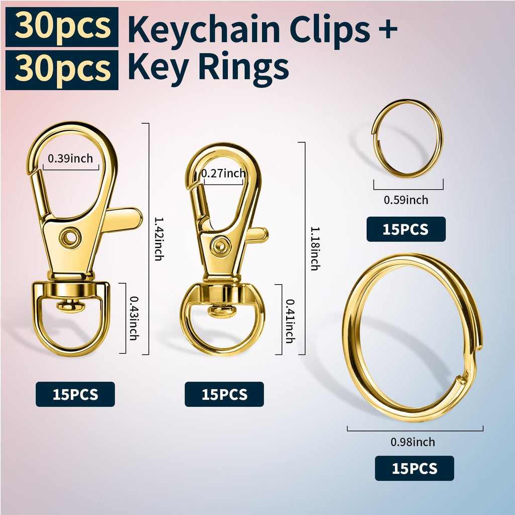 Gold swivel snap hooks and key rings with dimension callouts and quantity labels