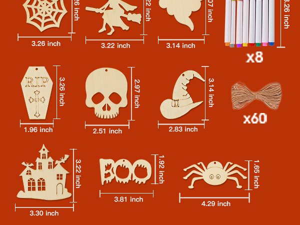 Halloween wooden craft slices including spider web, witch, ghost, coffin, skull, hat, haunted house, and BOO text, with dimensions and markers shown.
