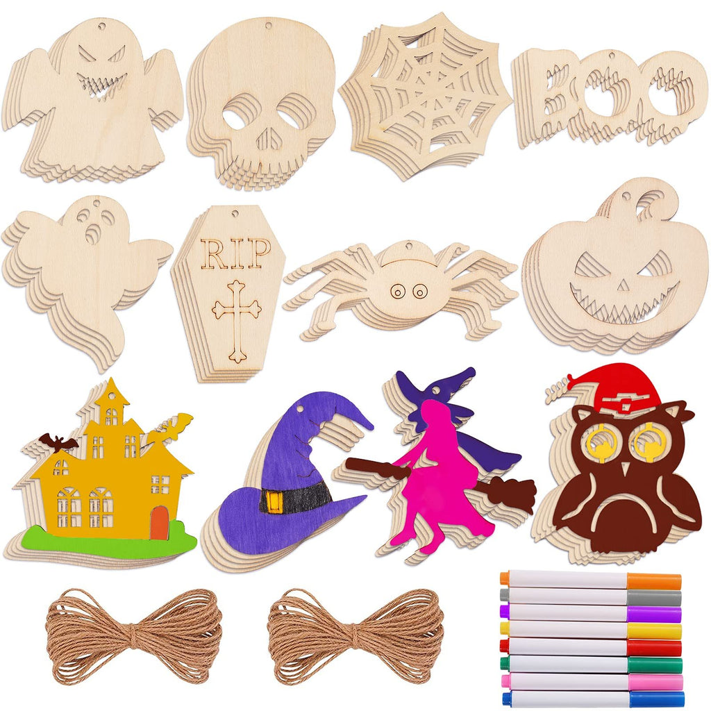 Collection of unfinished wooden Halloween craft cutouts including ghosts, skull, spiderweb, BOO sign, coffin, pumpkin, haunted house, witch hat, witch on broom, and owl, plus twine and markers.
