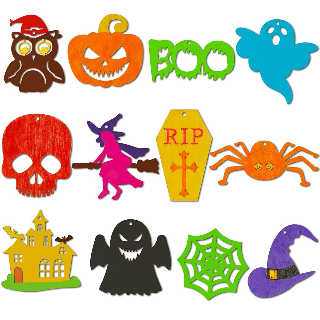 Assortment of 12 unfinished wooden Halloween craft cutouts including owl, pumpkin, ghost, skull, witch, coffin, spider, haunted house, and witch hat.