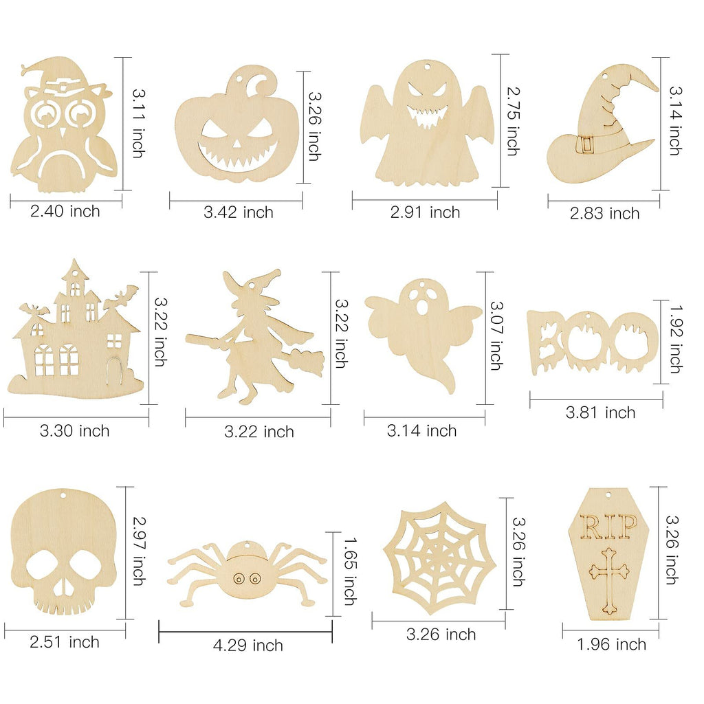 Collection of unfinished wooden Halloween craft cutouts with dimensions shown, including owl, pumpkin, ghost, witch hat, haunted house, witch, BOO text, skull, spider, spiderweb, and coffin shapes.