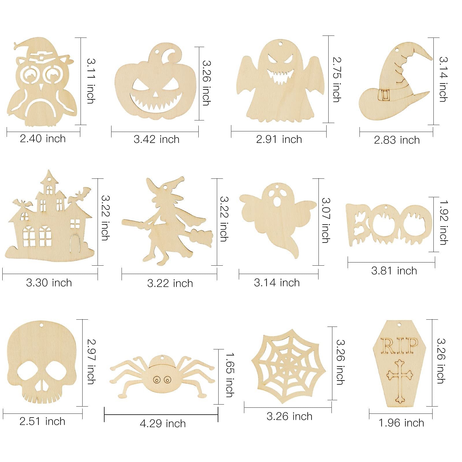 Collection of unfinished wooden Halloween craft cutouts with dimensions shown, including owl, pumpkin, ghost, witch hat, haunted house, witch, BOO text, skull, spider, spiderweb, and coffin shapes.