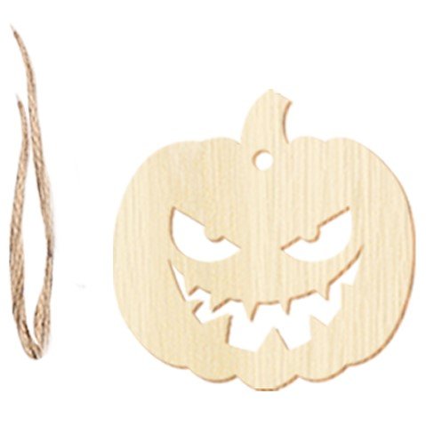 Wooden Halloween pumpkin ornament with cut-out face and twine string on white background