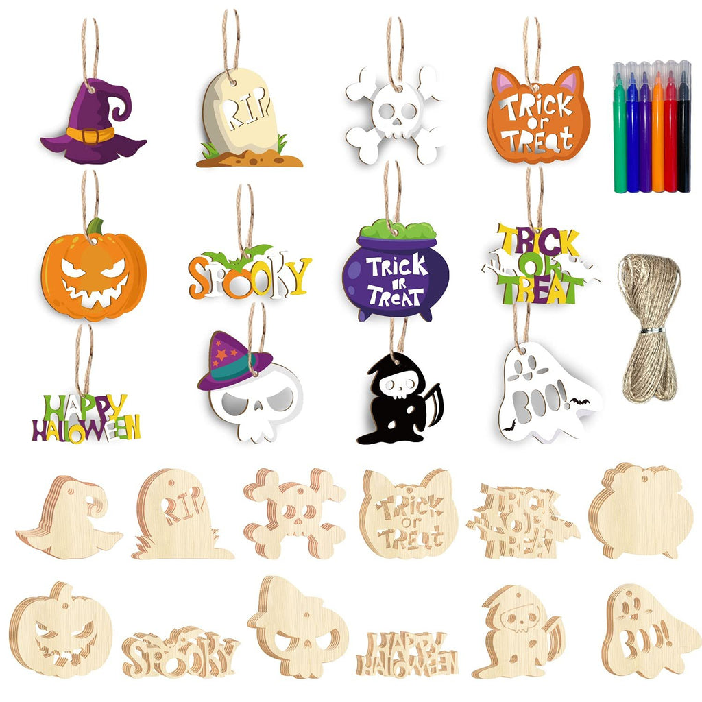 Halloween wooden blank slices ornaments and craft supplies including markers and twine