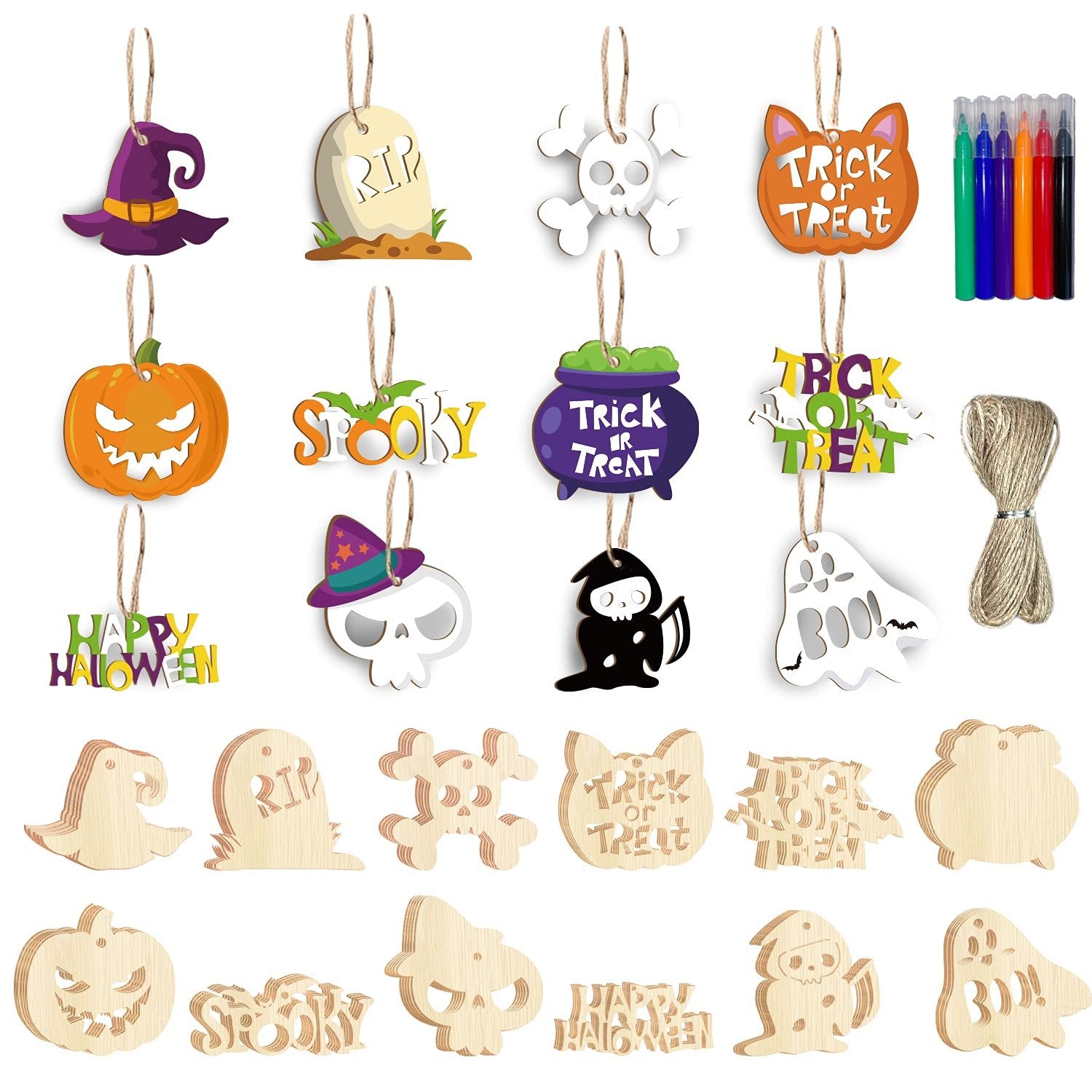 Halloween wooden blank slices ornaments and craft supplies including markers and twine