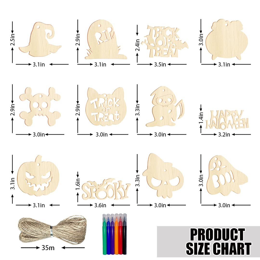 Set of 12 wooden Halloween ornaments with dimensions, twine, and markers shown.