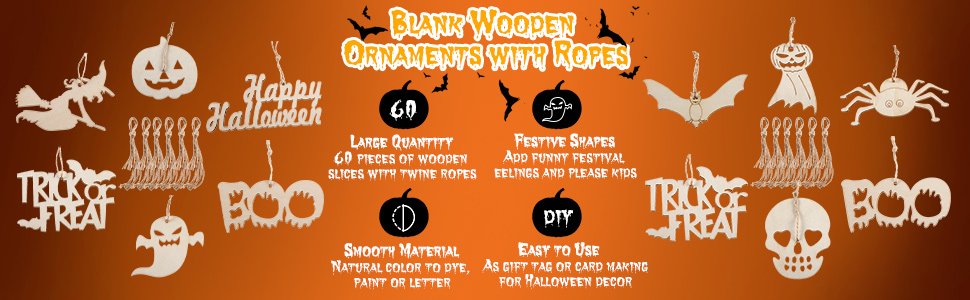 Collection of 60 blank wooden Halloween ornaments with twine, including pumpkins, ghosts, bats, spiders, witches, skulls, and text cutouts like 'Happy Halloween', 'Trick or Treat', and 'Boo'.