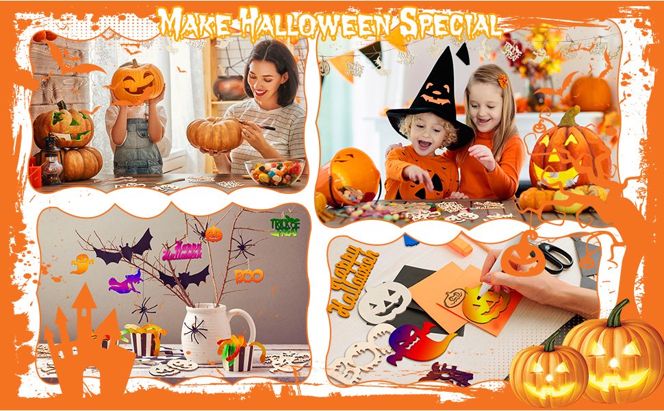 Collage of Halloween crafting activities with children and adults decorating pumpkins and making ornaments.