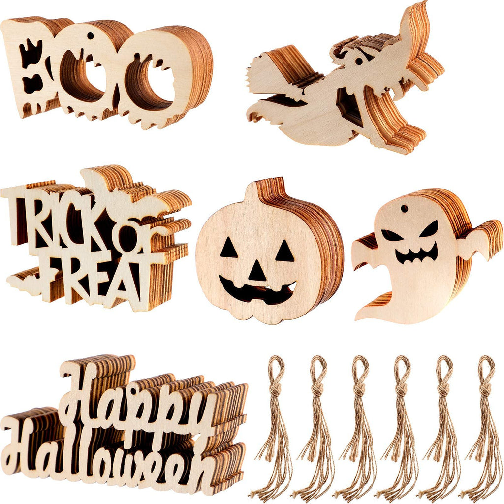 Halloween wooden ornament slices with twine, featuring "BOO", "TRICK OR TREAT", pumpkin, ghost, and "Happy Halloween" text.