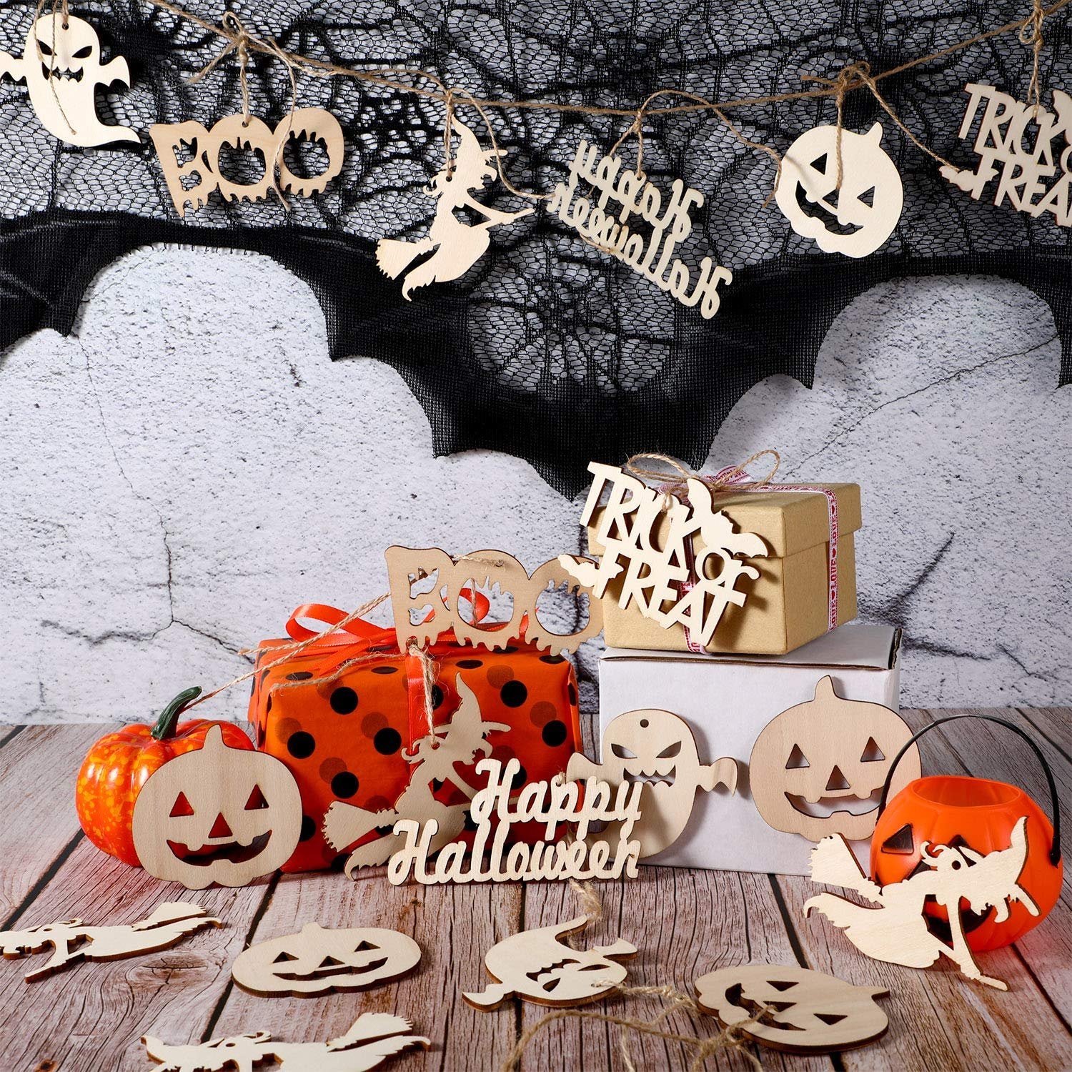 Halloween wooden ornament slices with twine, including ghosts, pumpkins, witches, and text like BOO and Happy Halloween.