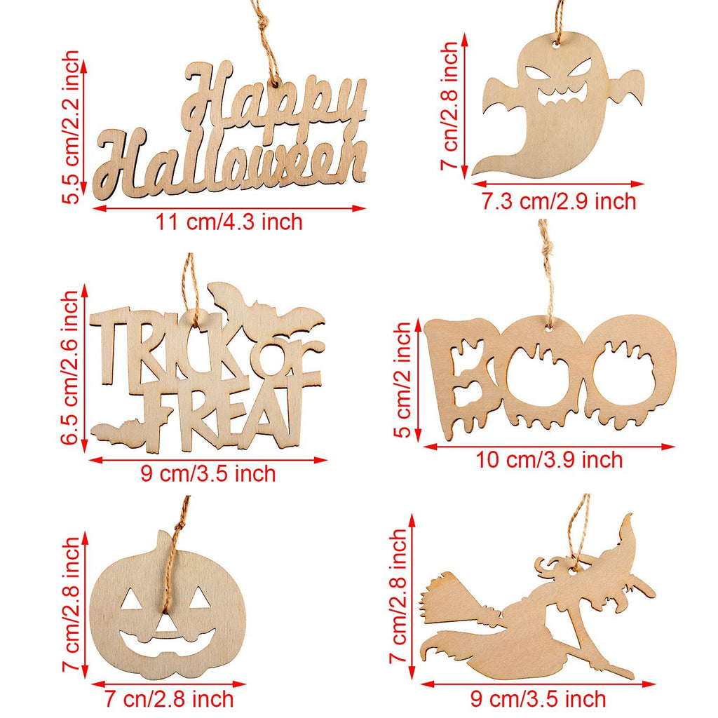 Six wooden Halloween ornaments: Happy Halloween text, ghost, Trick or Treat text, BOO text, jack-o-lantern, and witch. Each with dimensions labeled.