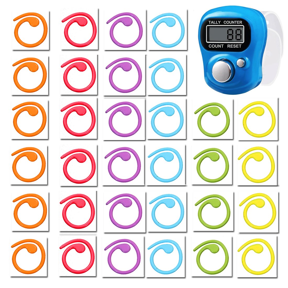 Assorted colorful stitch markers and a blue digital row counter on a white background