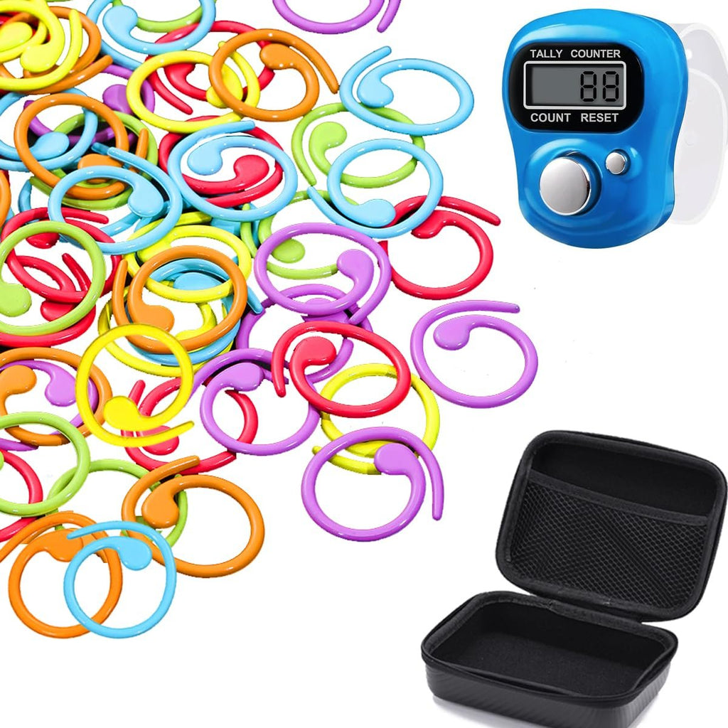 Colorful stitch markers and a digital row counter with a case on a white background