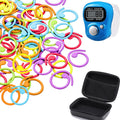 Colorful stitch markers and a digital row counter with a case on a white background